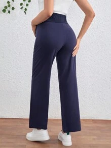 SHEIN Maternity Seamless Wrap Over Waist Straight Pants With Seam Front - Navy Blue - View 2