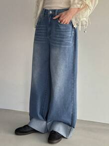 FRIFUL Flared Leg Denim Pants With Cuffed Hem,Baggy Jeans - Light Wash - View 1