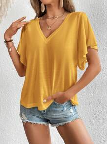 SHEIN LUNE Solid V Neck Butterfly Sleeve Tee,Casual - Yellow - View 5