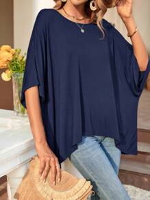 EMERY ROSE Ladies' Solid Color Asymmetrical T-Shirt - Navy Blue - View 6