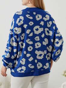 SHEIN Cottnline Plus Size Women's Leopard Print Drop Shoulder Sweater Pullover - Royal Blue - View 2