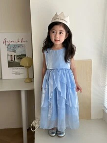 SHEIN Young Girl Solid Color Ruffled Sleeveless Dress - Blue - View 6