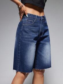 SHEIN EZwear Lỏng lẻo phù hợp Quần short Denim Với Mèo Whisker Rửa Và Nghiêng Túi - Rửa trung bình - Xem 4
