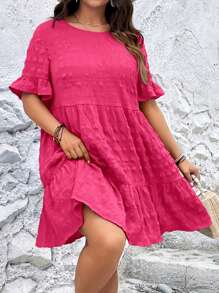 SHEIN LUNE Plus Size Bell Sleeve Smock Dress - Hot Pink - View 4