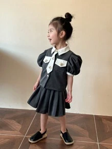 SHEIN Young Girl Two Tone Puff Sleeve Top & Pleated Skirt Set - Black - View 5