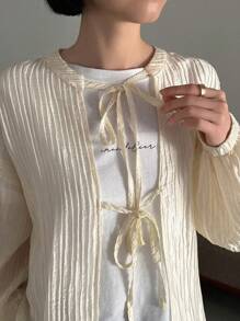 FRIFUL Women's Solid Color Textured Lantern Sleeve Shirt Long Sleeve Top - Apricot - View 7