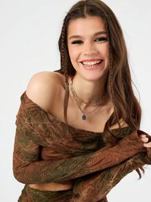 Forever 21 Của phụ nữ Off Shoulder Tay áo dài Nhuộm buộc Bộ đồ trên và váy - Màu xanh Ô liu - Xem 3