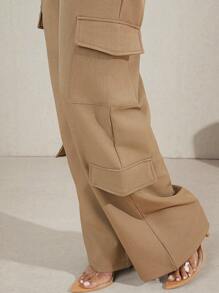 SHEIN Unity 净色翻盖口袋阔腿休闲工装裤 - 卡其色 - 查看 5