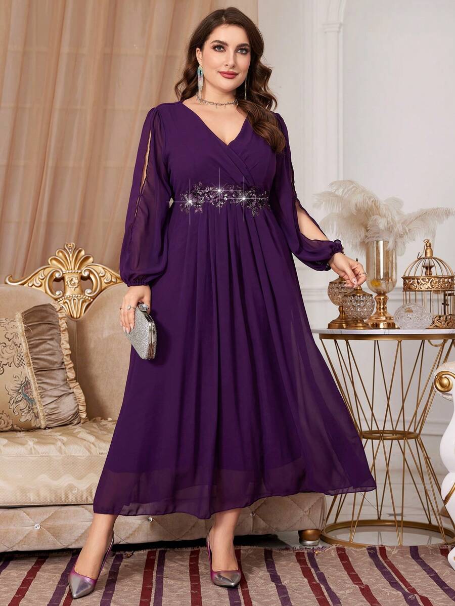 Modelyn 大尺碼女士露肩連衣裙,配有珠飾和刺繡 - 紫色 - 查看 1