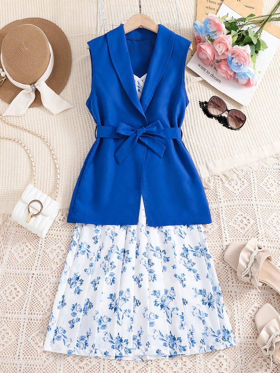 SHEIN 雙十幾歲女孩2入組披肩領無袖外套和印花肩帶連衣裙 - 寶藍色 - 查看 1