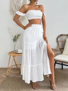 Breezaya Women's Off-Shoulder Shirred Crop Top And Slit Hem Skirt Set - White - View 5