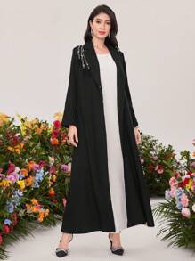 Al Najma 串珠装饰披肩领长袍夹克，穆斯林时尚长袍，适合休闲/节日/聚会/旅行 - 黑色 - 查看 5