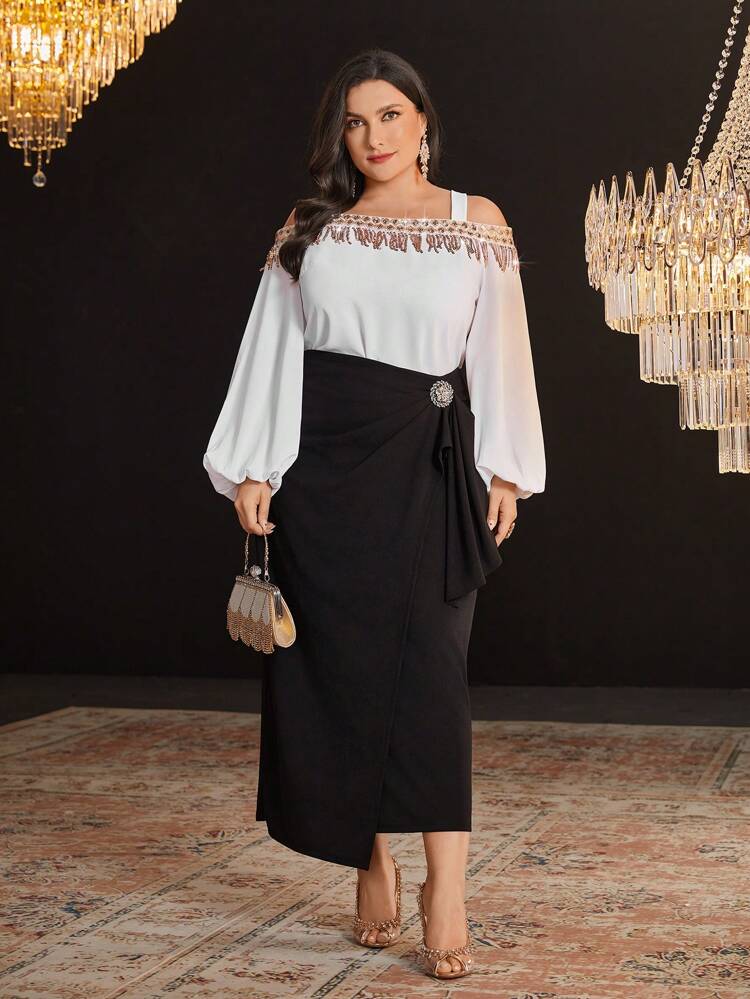 Plus Size Sparkly Sequin Open Shoulder Lantern Sleeve Top And Skirt Set With Colorblock Design,Elegant Evening Party Dress 2 Pieces Set