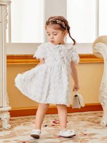 SHEIN Glamorique Kids 春夏款白色彼得潘領流蘇裙,可愛、休閒、優雅,適用於女嬰 - 彩色 - 查看 1