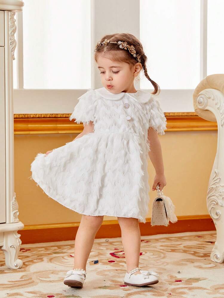 Baby Girl Spring/Summer White Peter Pan Collar Tassel Dress, Cute, Casual, Elegant