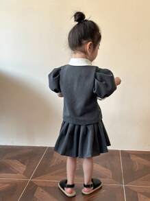 SHEIN Young Girl Two Tone Puff Sleeve Top & Pleated Skirt Set - Black - View 2