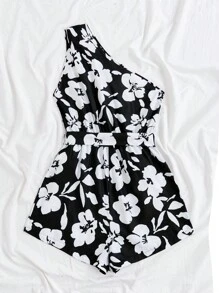 Soleia 女裝花卉印花單肩無袖連體褲 - 黑與白 - 查看 5