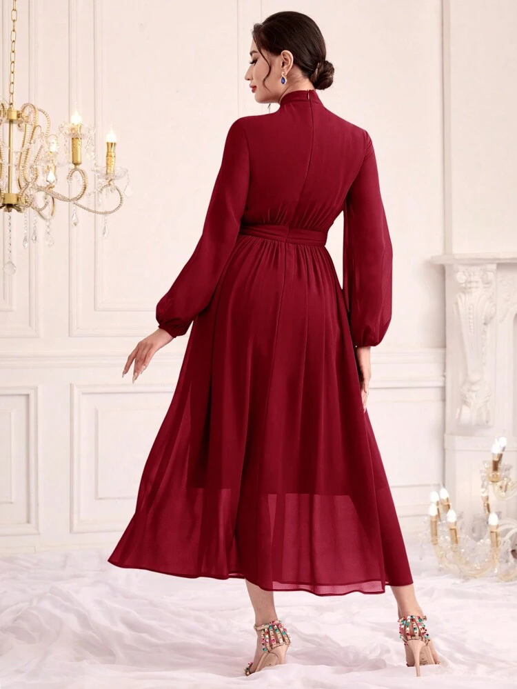Burgundy Red Women's Arabian Dress With Knot Neckline And Lantern Sleeves