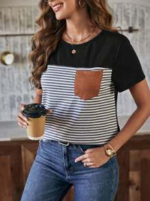 SHEIN LUNE Camiseta casual de mujer con bloques de color y parches a rayas - Negro - Ver 6