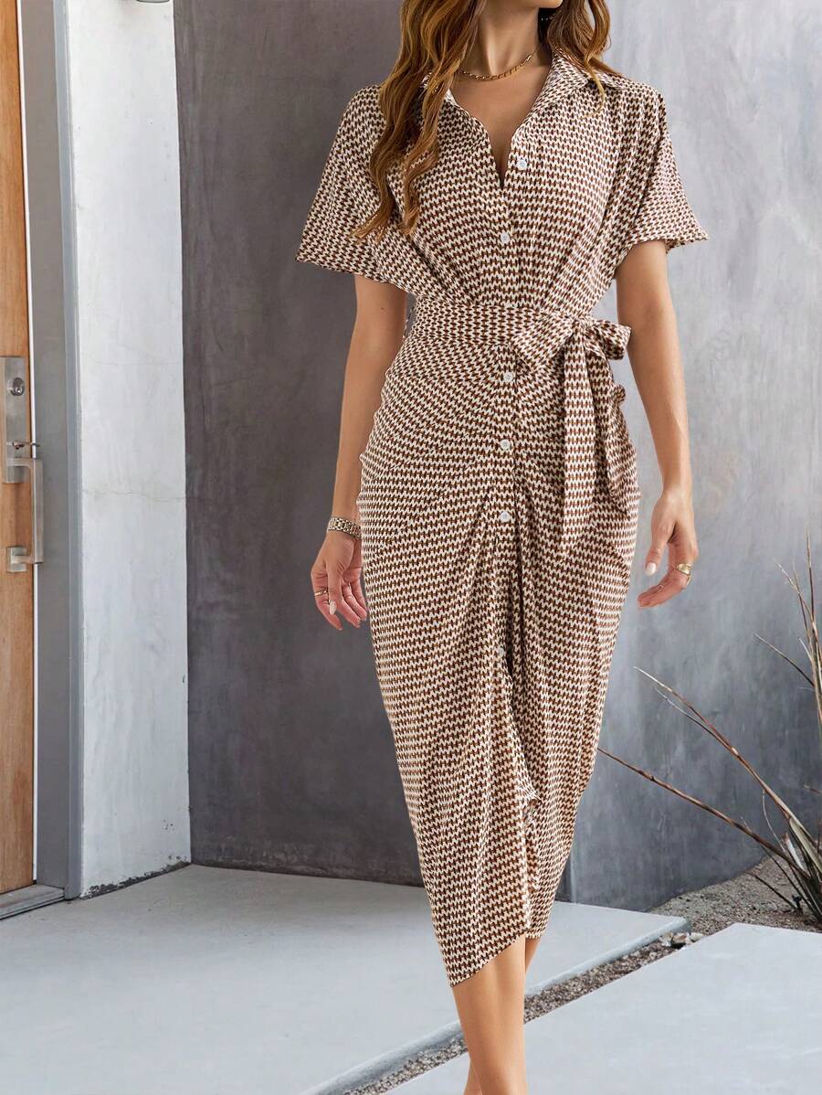 Ellegaria. Ladies' Full Printed Shirt Dress Maxi Women Outfit - Black - View 1