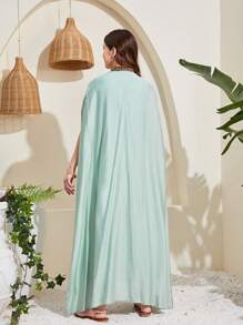 SHEIN Leap Crew Teen Girls' Woven Solid Color Spliced Tapestry Dress With Long Cardigan 2-Piece Set - Mint Green - View 2