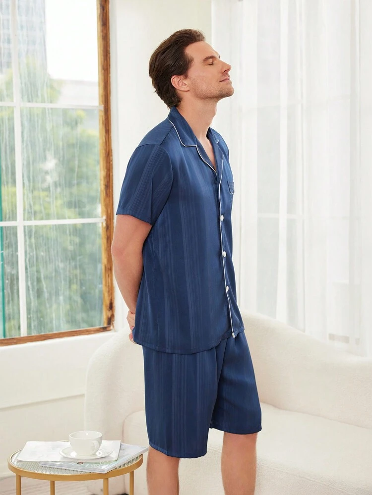 Men's Striped Short Sleeve Shirt And Shorts Pajama Set
