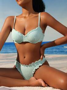 SHEIN Swim Summer Beach Women's Ruffle Detail Smocked Bikini Set With Underwire Support - Green - View 5