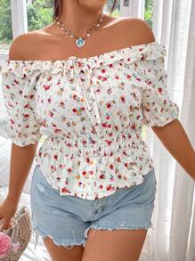 SHEIN Unity Women's Plus Size Floral Off Shoulder Shirt - Apricot - View 6