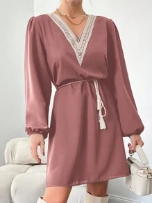 EURMUSE Women's Lace Patchwork Lantern Sleeve Belted Dress - Dusty Pink - View 4