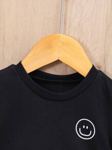 Baby Boy Smiling Face Printed Short Sleeve T-Shirt And Pants Set - Black - View 5