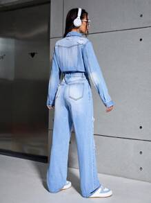 SHEIN EZwear Washed Ripped Straight Leg Denim Jumpsuit - Medium Wash - View 2