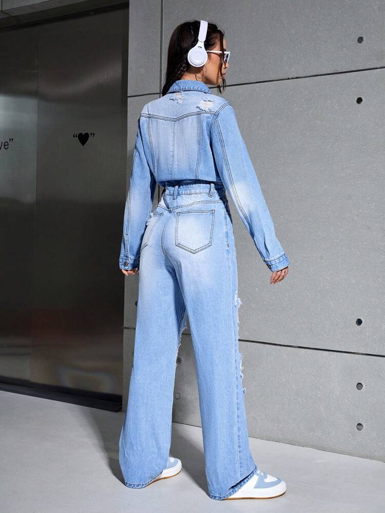 Washed Ripped Straight Leg Denim Jumpsuit
