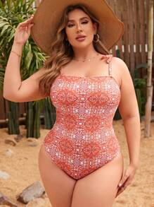 SHEIN Swim Curve Plus Size Summer Beach Allover Printed One Piece Swimsuit Bathing Suit - Multicolor - View 5
