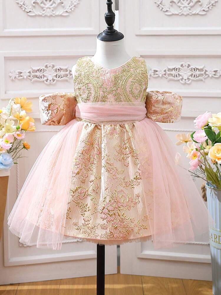 Baby Girl V-Neck Floral Fabric With Side Mesh Elegant And Noble Dress