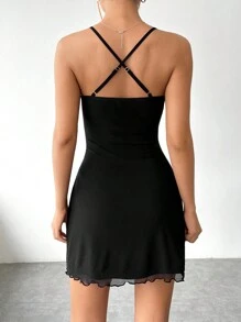 SHEIN EZwear 女性純色交叉背貼身連身裙 - 黑色 - 查看 2
