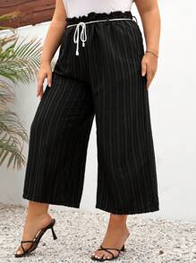 Mulvari Plus Size Solid Textured Fabric Loose Pants - Black - View 1