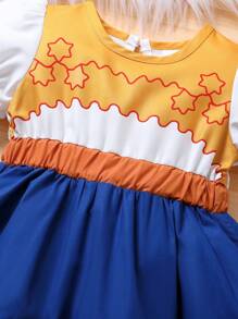 Elegante en zoete pofmouwen kleurblok sterren bedrukt patchwork koe bedrukte prinsessenjurk voor babymeisjes, perfect voor zomerfeesten, vakanties en vrijetijdskleding