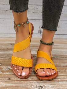 Women's Elastic Strap Flat Sandals With Backstrap And Toe Loop, Plus Size And Small Size Beach Style Casual Daily Commutes - Yellow - View 5