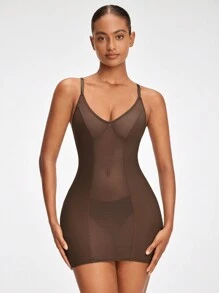 女款拼色細肩帶緊身連身裙 - 棕色 - 查看 6