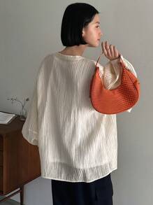 FRIFUL Women's Solid Color Textured Lantern Sleeve Shirt Long Sleeve Top - Apricot - View 5