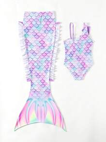 Young Girls' One-Piece Swimsuit With Ruffle Trim And Mermaid Scale Print Summer Holiday - Multicolor - View 2