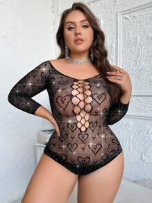 Music Festival Plus Size Women's Sexy Lingerie Heart Shape Bodysuit With Rhinestone - Black - View 4