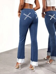 LANOR Designer Women Rhinestones Hem Cut Out Waist Cowgirl Jeans, For Summer, Holiday, Festival - Blue - View 3