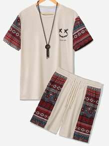 2pcs/Set Men's Geometric Pattern Short Sleeve T-Shirts And Shorts - Multicolor - View 1
