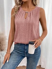 Ladies' Summer Metal Decorative Buckle Square Neckline Textured Tank Top With Comfort Fit,Emery Rose Modest Tops - Dusty Pink - View 2