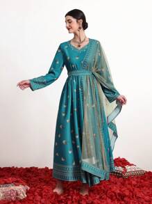 Divindia 女士碎花印花拼接网眼连衣裙 - 綠色 - 查看 3