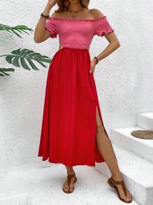 Breezaya Color Block Off Shoulder Hollow Out Shirred Bodice Dress