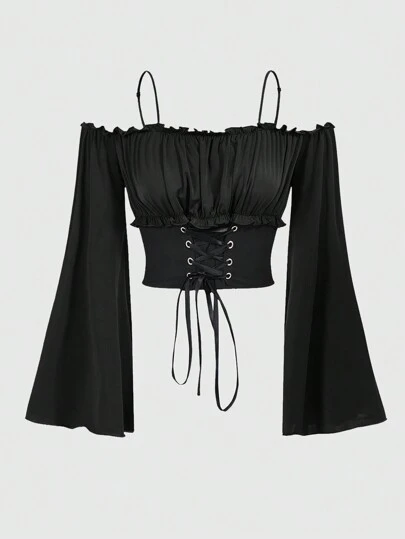 ROMWE Fairycore Fashionable Women's Off-The-Shoulder Short Blouse