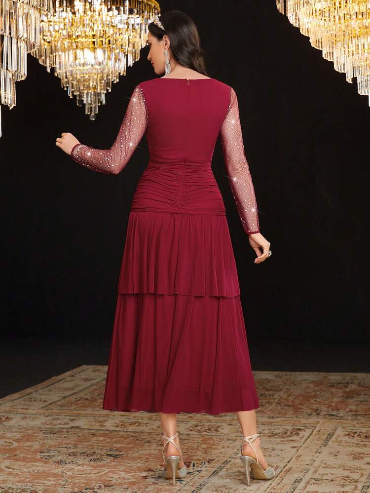 Women's Neck Mesh Long Sleeve Dress Without Waist Belt,Elegant Evening Party Dress Long Evening Dresses