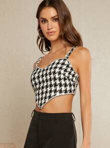 Hauture Houndstooth Rhinestone Trim Asymmetrical Hem Crop Cami Top - Black and White - View 4